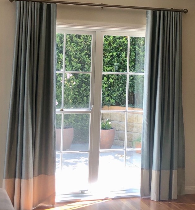 Curtains 2. Just installed curtains using sheer fabric that has been lined in this picture. Fabric is Maurice Kain Altair Sky Blue with a band of Pearl at hem